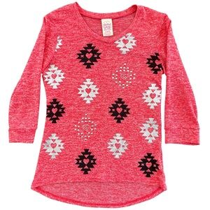 Faded Glory Girls L 10-12 Top Heathered Coral Aztec Print Rhinestone Hi Low Hem